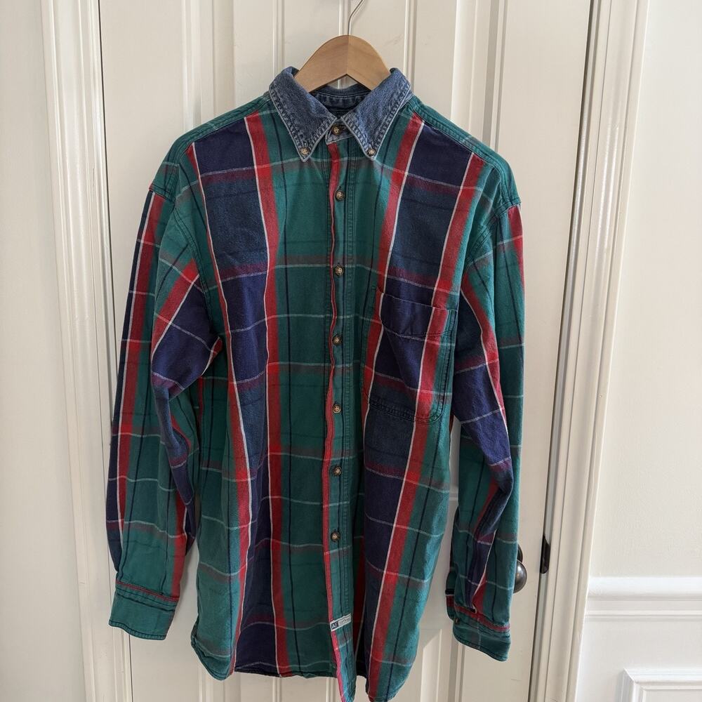 Vintage 90’s American Eagle Plaid Denim Collar Button Up Long Sleeve Men’s Sz S - Picture 2 of 10